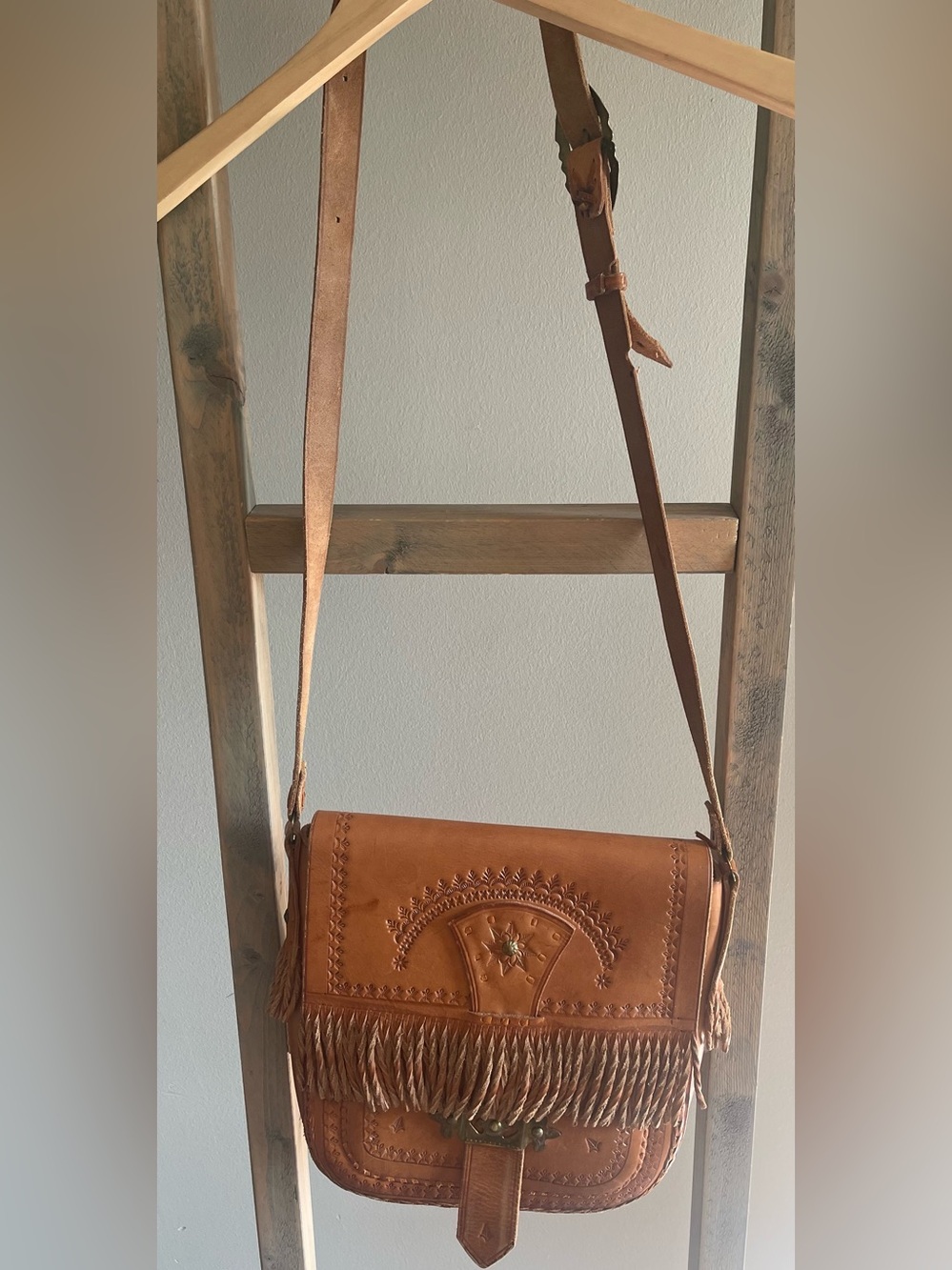 Vintage Handcrafted Brown Leather Fringe Crossbody Bag